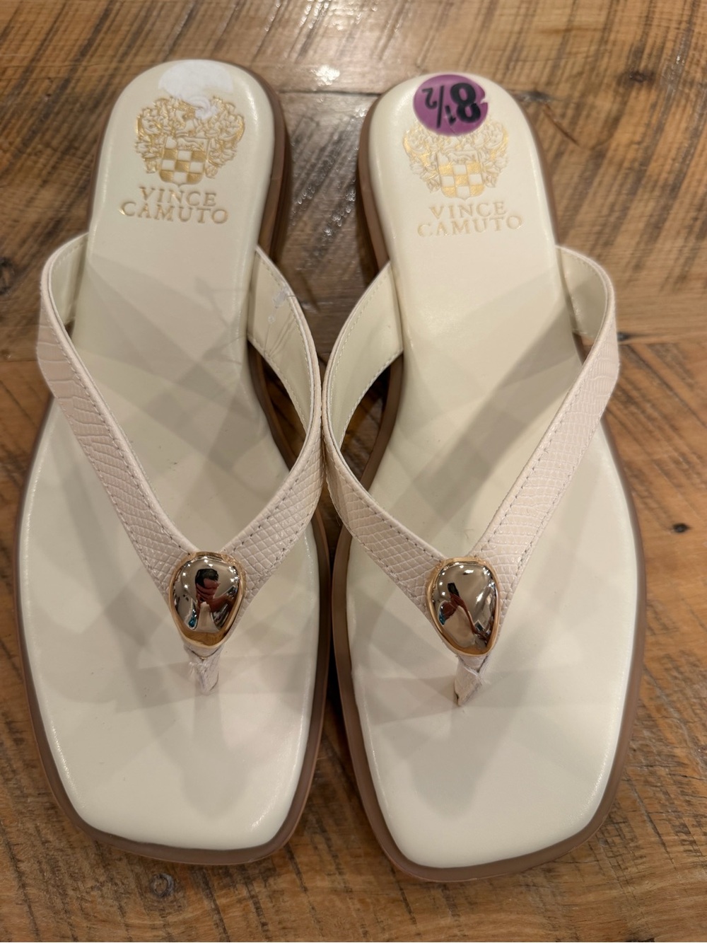 NEW Vince Camuto Cream Square-Toe Thong Sandals with Metallic Accent